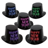 black top hats for new years eve with bright colored happy new year text written on the front