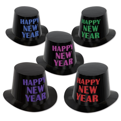 black top hats for new year's eve with bright colored happy new year text written on the front