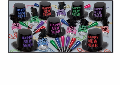 black nye party kit with bright colored accents on the hats and tiaras