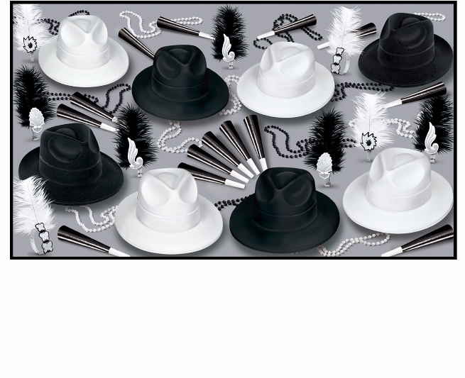 1920s themed new years eve party kit with fedoras and feathered tiaras
