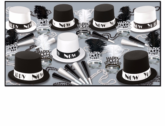 black and white top hat new years eve party kit with tiaras, horns, and beads