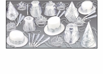 white & silver nye party kit for 50 with unique party hats