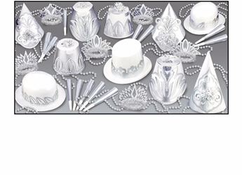 white & silver nye party kit for 50 with unique party hats