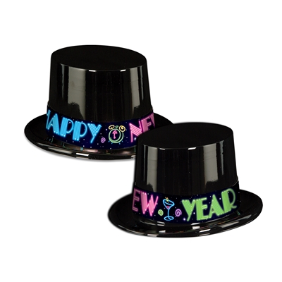black top hat with neon happy new year bands