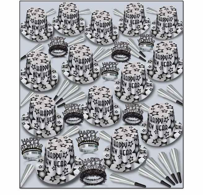 silver & black NYE assortment with stars on the party hats, glittered tiaras, and horns
