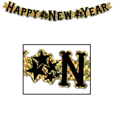 Prismatic gold streamer with black happy new year lettering and star clumps in between wording. 