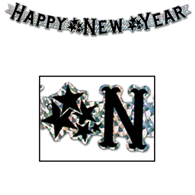 Silver prismatic streamer with black happy new year lettering and star clumps separating wording.