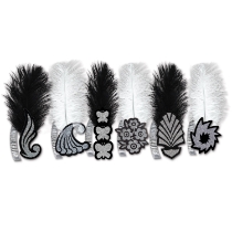 black, silver, and white tiaras in the style of a 1920's flapper