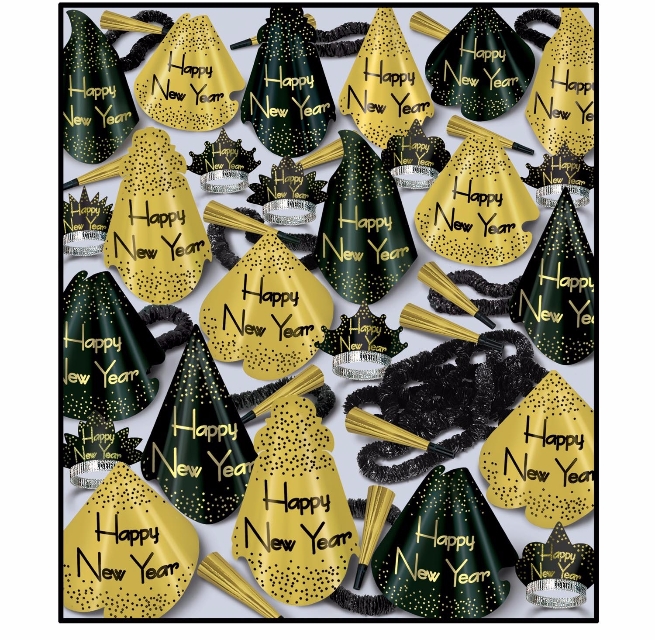 large black and gold nye party kit with party hats, horns, and leis