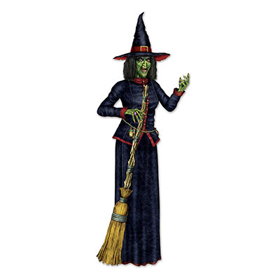 Ugly green witch paper cutout holding a broom