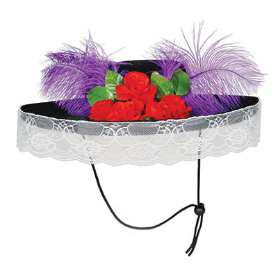 small hat for day of the dead with red flowers and white lace wrapped around the hat
