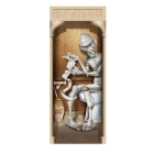 door cover of Mummy sitting on the toilet using his mummy wrap for toilet paper 