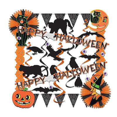 Halloween decorating kit with banners, bats, pumpkins, and cats