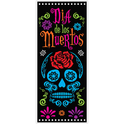 Door cover with Dia de los Muertos with a color blue skull on it
