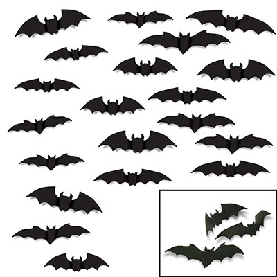A lot of black bats used for decorations on a wall