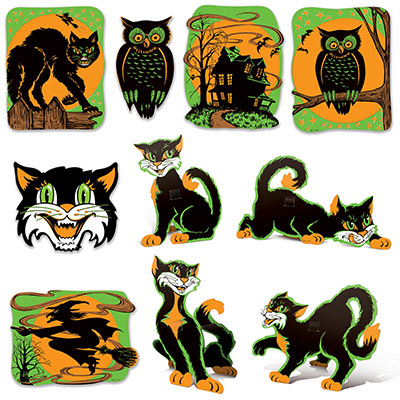 Vintage Halloween Fluorescent Cutouts (Pack of 120) Vintage Halloween Fluorescent Cutouts, vintage, halloween, green, orange, black, witch, cat, owl, haunted house, decoration, wholesale, inexpensive, bulk