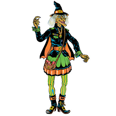 The Vintage Halloween Jointed Witch is printed in great detail with a spooky witch look and colors of black, green and orange.
