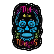 The Day Of The Dead Sign Cutouts is printed in neon with a skull look and neon colors reading "Day of the Dead".