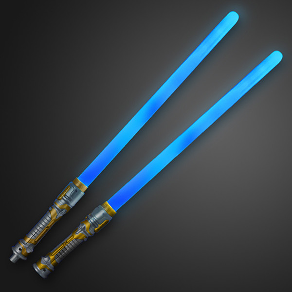 Blue Light up play sabers with sounds. These light up blue sabers provide fun sounds and light to glow in the dark parties.