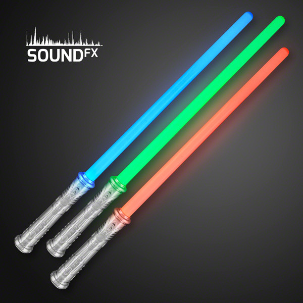 Futuristic LED Play Weapons with Sounds. These LED Play weapons provide fun lights and sounds to glow in the dark parties.