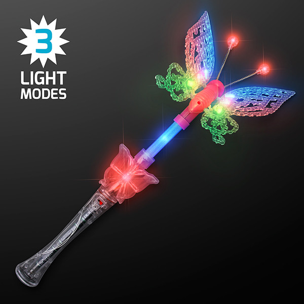 Large Musical Blinking Butterfly Wand with three light modes. These Blinking Butterfly wands are great for glow in the dark parties.
