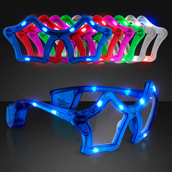 Assorted Color light up flashing novelty star sunglasses. These light up sunglasses are perfect for glow in the dark parties.