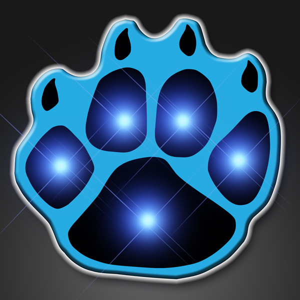 Blue LED Paw Print Flashing Pins. These Blue Paw Print pins are the perfect outfit add on for glow in the dark parties.