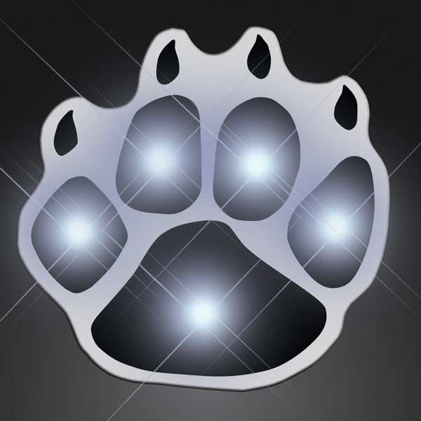 White LED Paw Print Flashing Pins. These White Paw Print pins are the perfect outfit add on for glow in the dark parties.