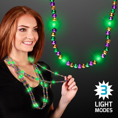 Light Up Beads Mardi Gras Necklace with three light modes. These light up necklaces are the perfect addition to your mardi gras party outfit.