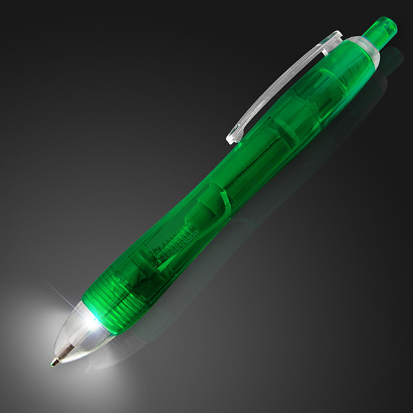 White LED Light Tip Green Pen. This Light Up Tip Green Pen is perfect for when the lights are two much, but the work goes late into the night.