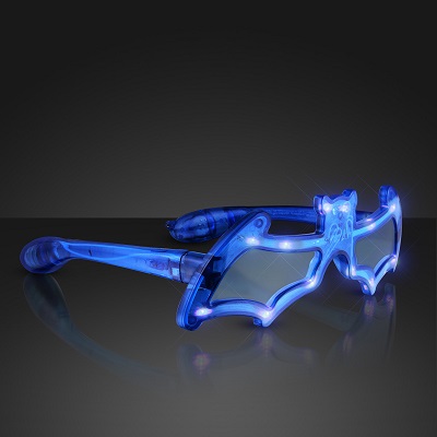 Blue LED Bat Shaped Flashing Novelty Sunglasses. These LED Bat Shaped Sunglasses are perfect for glow in the dark parties.