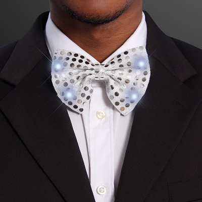 Sequin Silver Bow Tie with White LEDs. This Sequin Silver Bow Tie will class up any outfit.