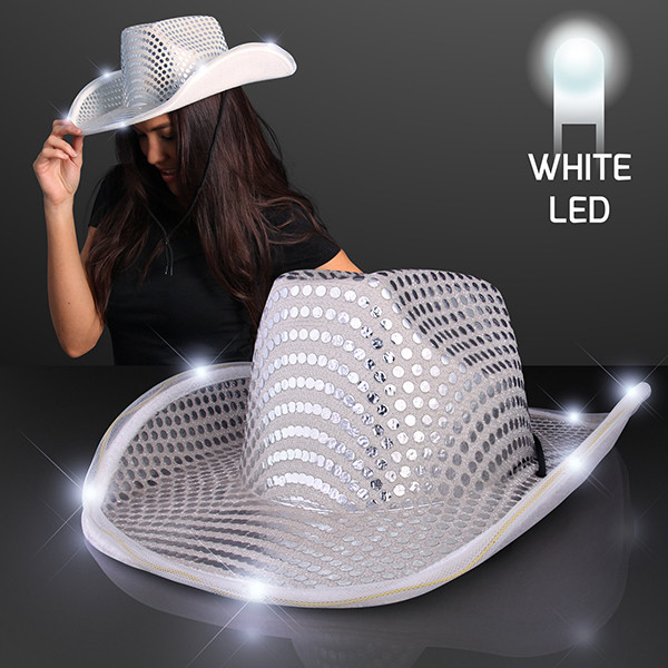 Silver Sequin Cowboy Hat w/ White LED. This Silver Sequin Cowboy Hat will jazz up any party outfit.