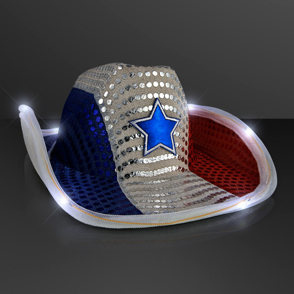 Red, White, and Blue LED Cowboy Hat. This Light Up Cowboy Hat will jazz up your fourth of July party outfit.