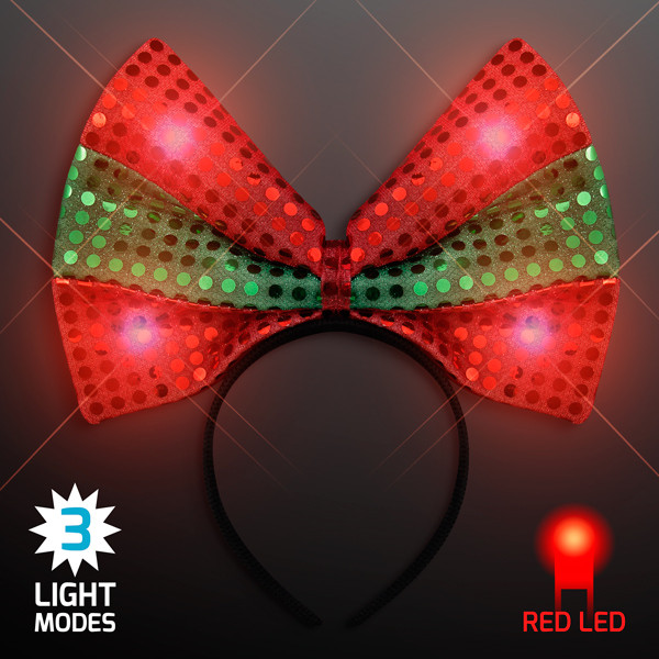 Light Up Festive Christmas Bow Headbands w/ Three Light Modes and Red LED.  This Light Up Christmas Bow Headband is the perfect accessory to any holiday party outfit.