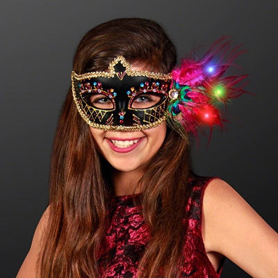 Light Up Feathers Fancy Black Mardi Gras Mask. This Fancy Feather Black Mardi Gras Mask is perfect for any Mardi Gras Party outfit.