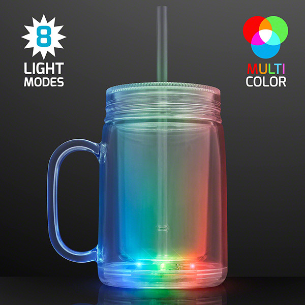 Mason jar that lights up in multi-colored LED lights. 