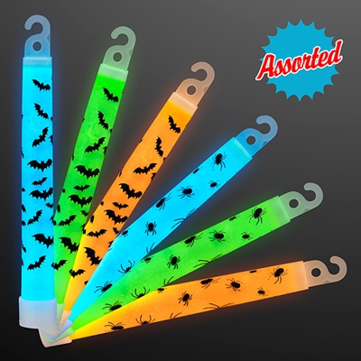 Assorted colored glow sticks with black printed spiders and bats. 