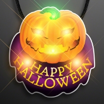 Jack O' Lantern pumpkin blinky on a black lanyard necklace.