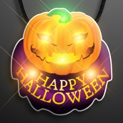 Jack O Lantern pumpkin blinky on a black lanyard necklace.