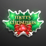 LED "Merry Christmas" flashing pins with a print of holly in the background. 