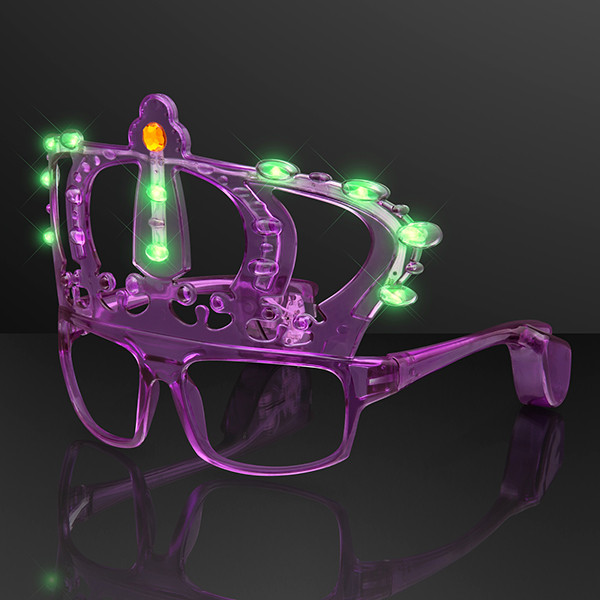 Purple glasses with a kings crown on top that lights up green for Mardi Gras. 
