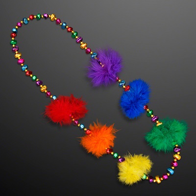 Rainbow colored beads with poms attached for accents. 