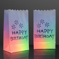 Happy birthday bags with LED light up candles for a multi-colored effect. 