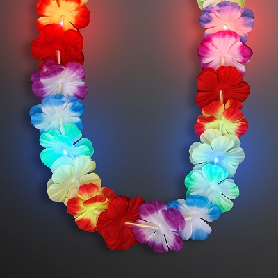 Rainbow colored flower lei with LED lights. 