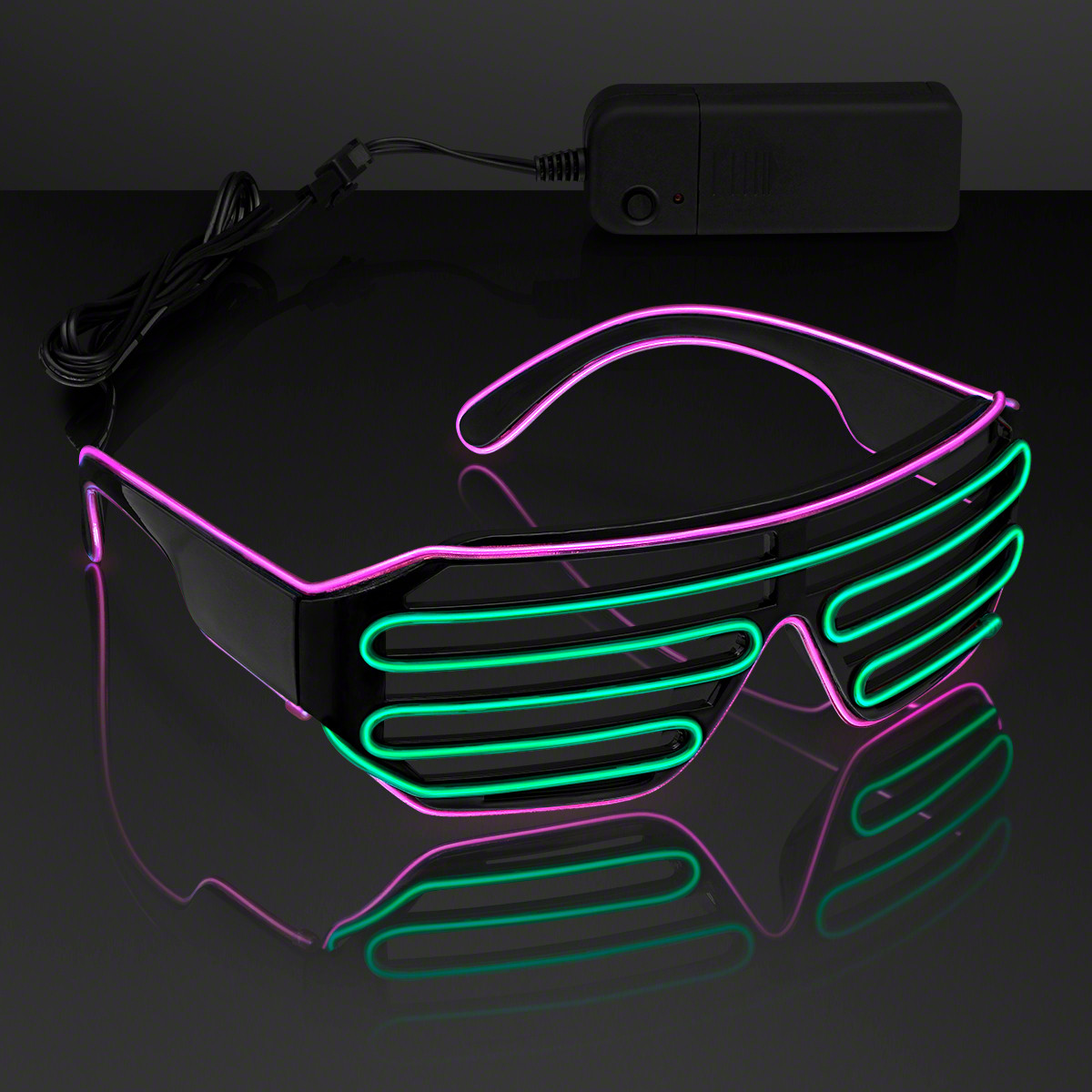 Pink and green slotted wire glow shades.