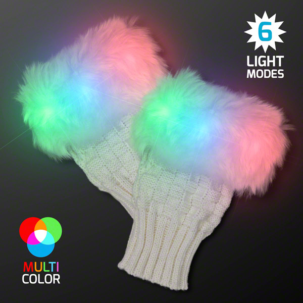 Fuzzy fingerless glow gloves with fuzzy material and multi-colored LED lights. 