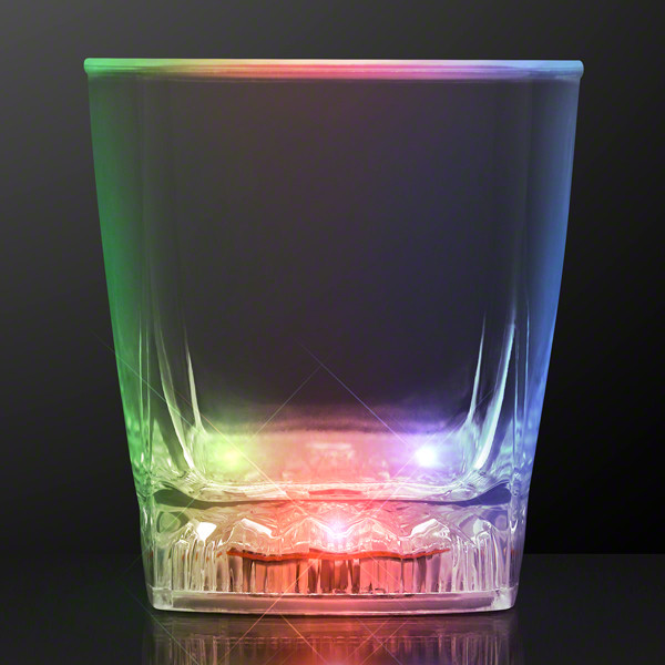 Color changing whiskey glass with multi-colored LED lights. 