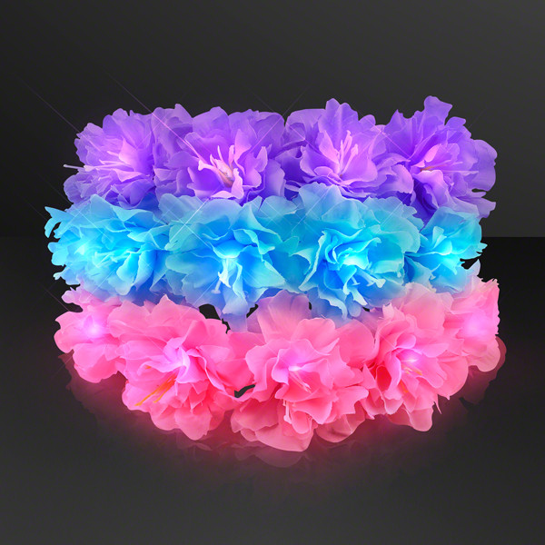Flower crown with color options of blue, pink and purple that light up with LED lights. 
