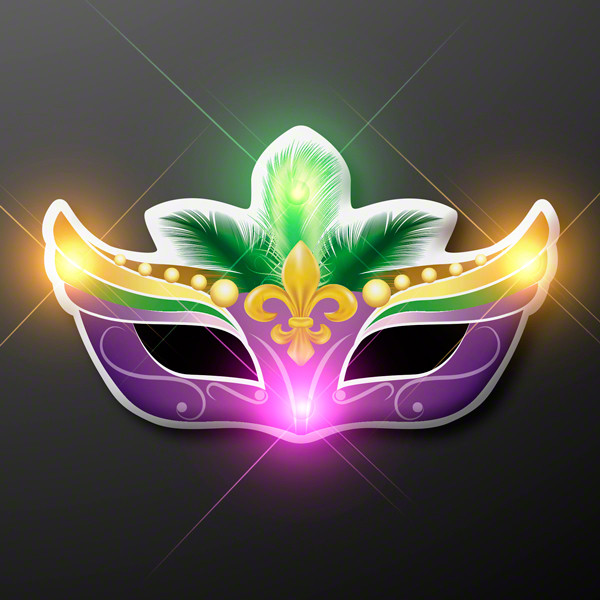 Mardi Gras half mask blinky pins with traditional colors of purple, green and gold.